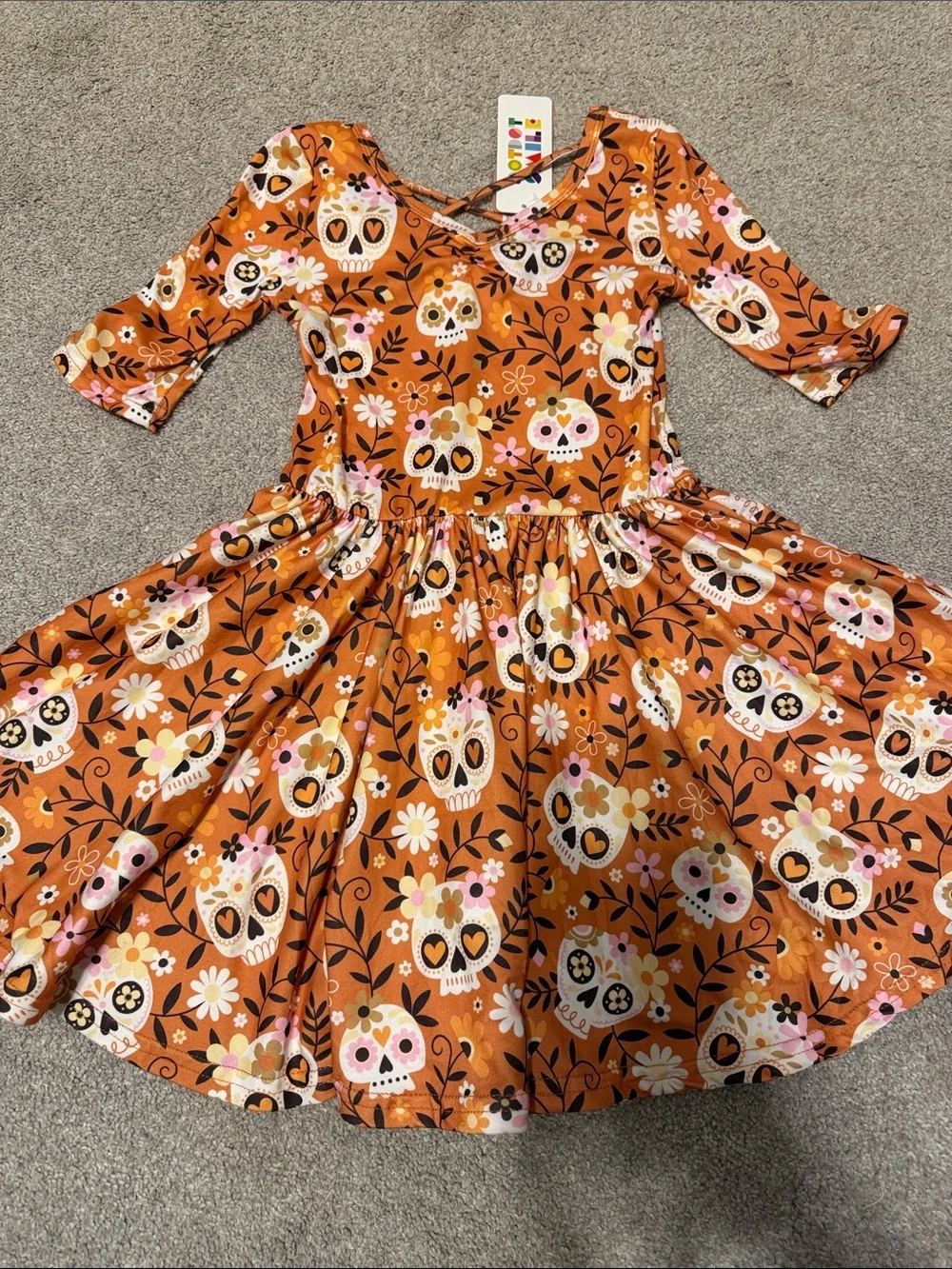 Dot dot smile girls Orange Day of the Dead Skull Floral Twirl Dress 5/6